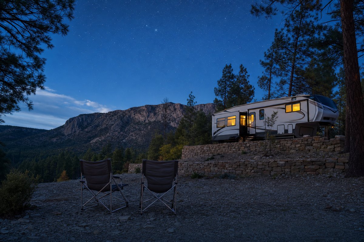 A travel trailer lit from inside beneath a sky full of stars